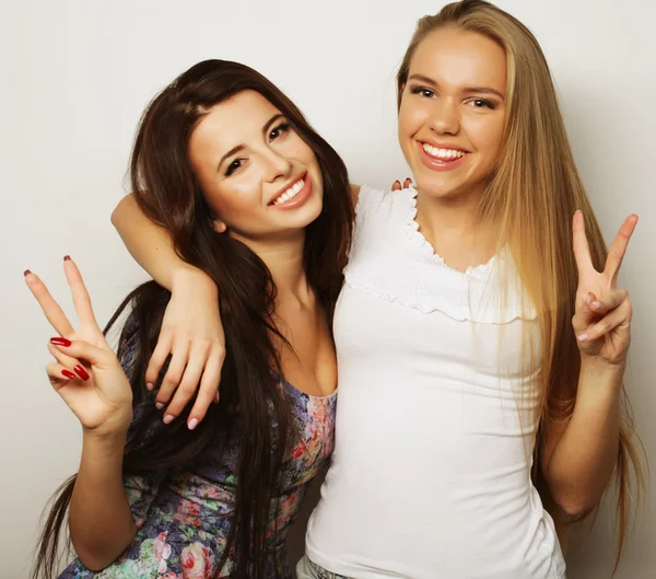 Zwei junge Freundinnen stehen zusammen und haben Spaß. — Stockfoto
