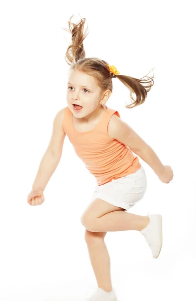 Menina salta em um fundo branco — Fotografia de Stock