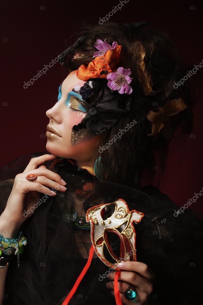 Hedendaags Woman with bright make up with carnaval mask — Stock Photo RP-61