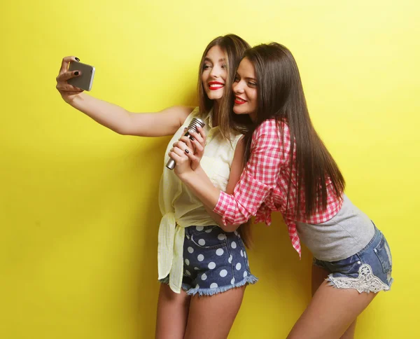 Duas meninas hipster beleza com um microfone tomar selfi — Fotografia de Stock