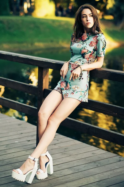 Mode brunette vrouw die zich voordeed op de brug — Stockfoto
