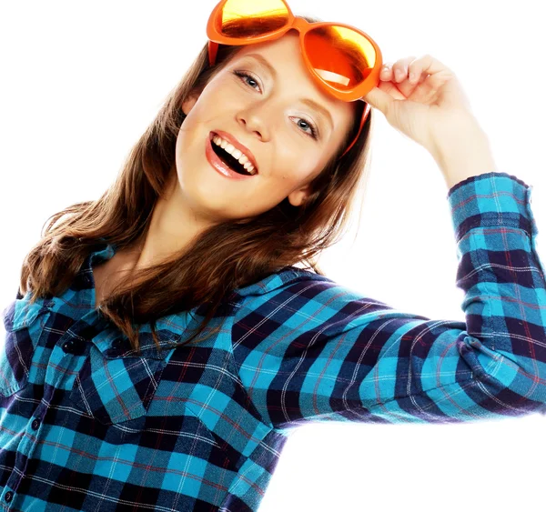 Playful young woman with big party glasses. — Stock Photo, Image