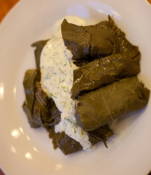 Dolma - carne de peluche en hojas de uva con salsa — Foto de Stock