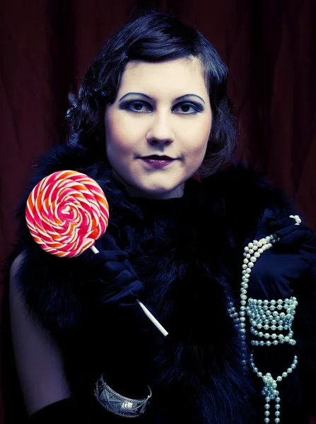 Girl with red lollipop — Stock Photo, Image