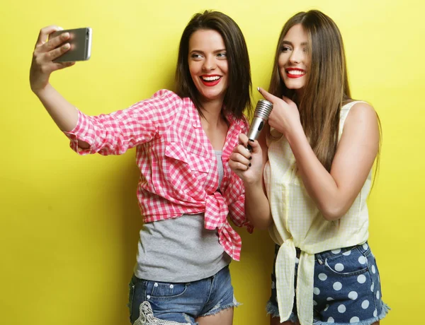 Två skönhet hipster flickor med en mikrofon ta selfi — Stockfoto