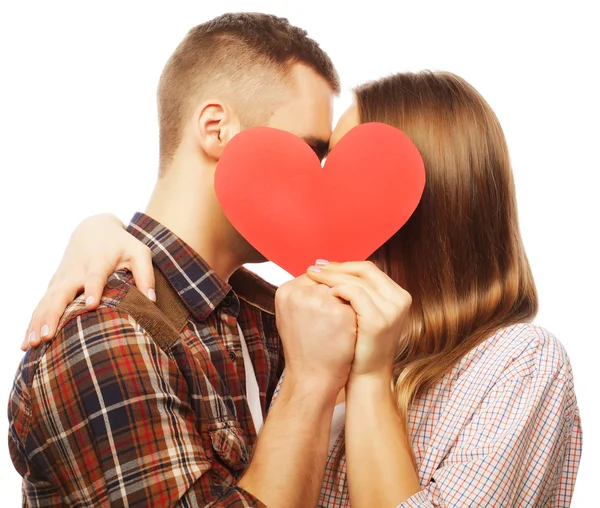 Happy couple in love holding red heart. — Stock Photo, Image