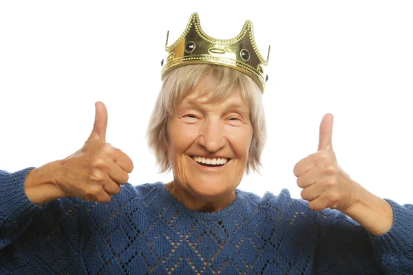 Starsza kobieta ubrana w koronę robi funky action — Zdjęcie stockowe