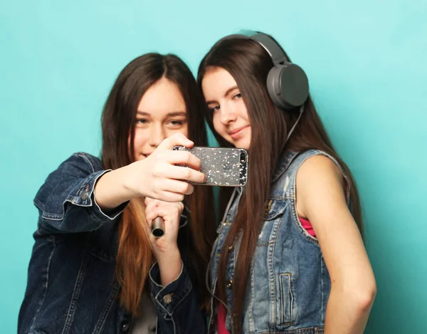 Due donne hipster di bellezza con un microfono prendere selfi — Foto Stock