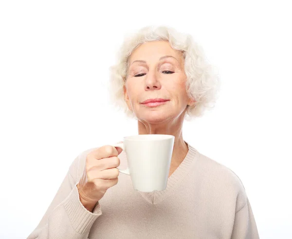 Gray Haired Elderly Happy Woman Wear Casual Cute Smile Holding — Stock Photo, Image