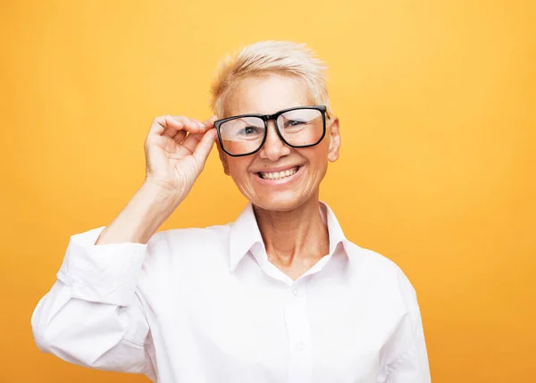 Lifestyle Business Old People Concept Portrait Smiling Mature Woman Eyeglasses — Stock Photo, Image