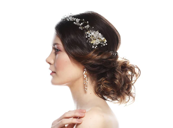 Wedding Luxury Hairstyle Diadem Back View Young Bride Posing White — Stock Photo, Image