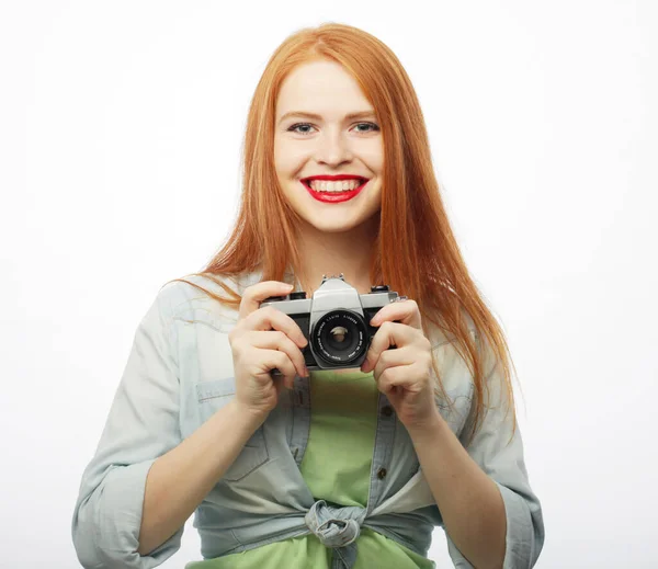 Lifestyle Emotion People Concept Young Redhair Woman Wear Casual Vintage — Stock Photo, Image