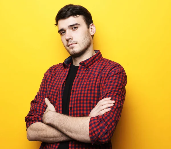 Portrait Handsome Man Smiling Yellow Background Successful Gay Looking Camera — Stock Photo, Image