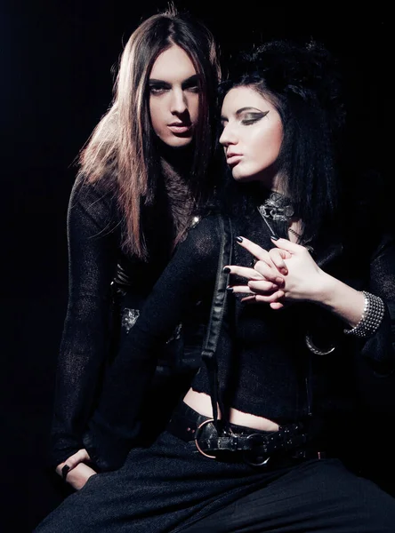 Romantic Portrait Young Gothic Couple Man Woman Dark Background — Stock Photo, Image