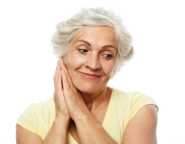 Thoughtful Senior Woman Her Fingers Her Chin Reminiscing Recalling Fond — Stock Photo, Image