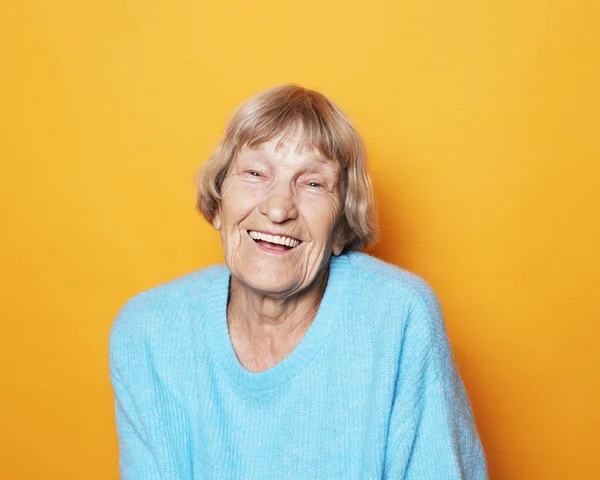 Emotion Lifestyle Old People Concept Happy Senior Lady Wearing Blue — Stock Photo, Image