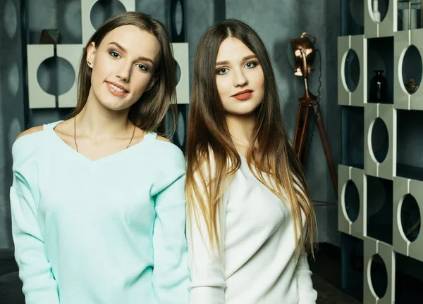 Evde harika vakit geçiren iki bayan arkadaş, modern iç mekan, arkadaşlık ve insan konsepti.