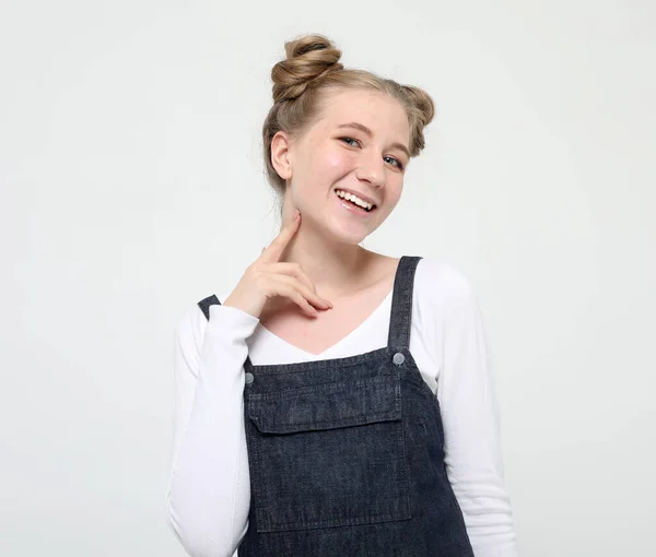 Beautiful young woman wearing casual looking at camera and make different emotions — Stock Photo, Image