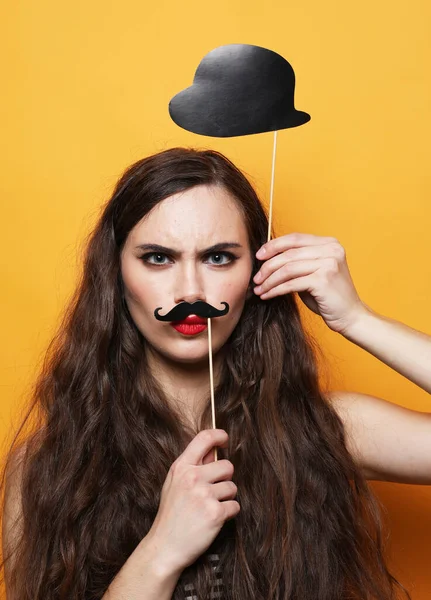 Young Brunette Woman Holding Mustache Hat Stick Yellow Background Ready — Stock Photo, Image