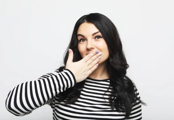 Body Language Emotions People Concept Young Brunette Female Striped Sweater — Stock Photo, Image