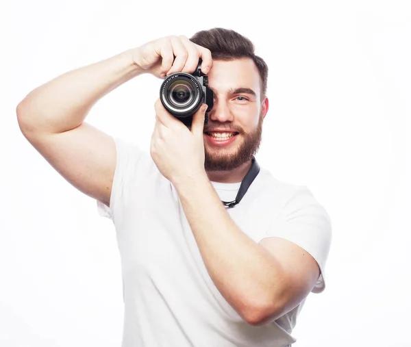 Fashion Trhnology People Concept Young Bearded Photographer Wearing White Shirt — Stock Photo, Image