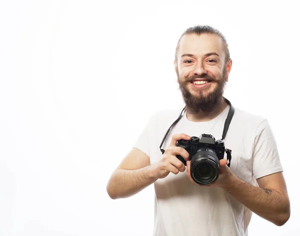 Fashion Trhnology People Concept Young Bearded Photographer Wearing White Shirt — Stock Photo, Image