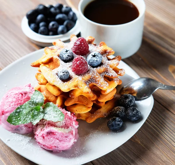 Cup Coffee Belgian Waffles Strawberry Ice Cream Fresh Raspberries Mint — Stock Photo, Image