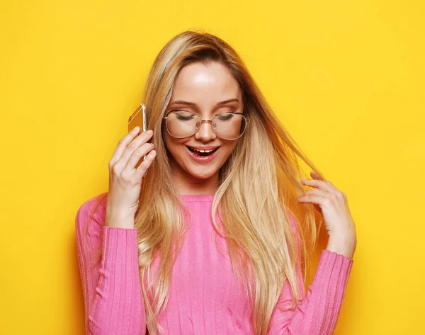 Happy Female Celebrating Success While Talking Mobile Young Woman Hearing — Stock Photo, Image