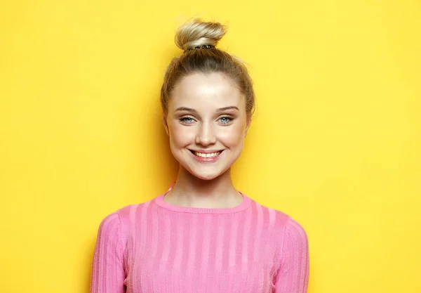 Lifestyle Emotion People Concept Young Cute Smiling Blond Girl Yellow — Stock Photo, Image