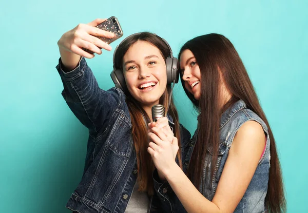 Deux femmes hipster beauté avec un microphone prendre selfi — Photo