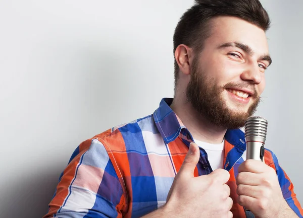 Boy Rocking Out Image Handsome Man Singing Microphone Emotional Portrait — Stock Photo, Image