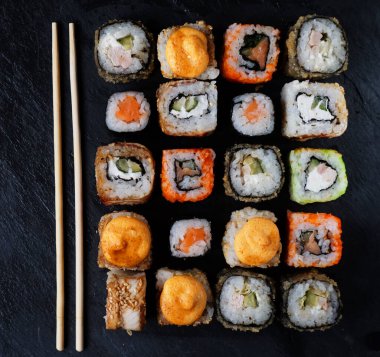 Çeşit çeşit üst görünüm. Japon mutfağı, kapatın.