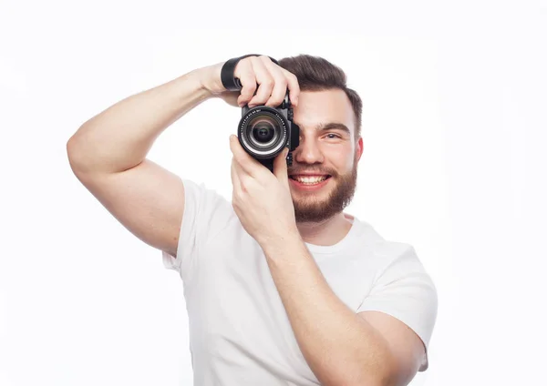 Handsome Photographer Taking Picture Digital Camera Isolated White Background — Stock Photo, Image