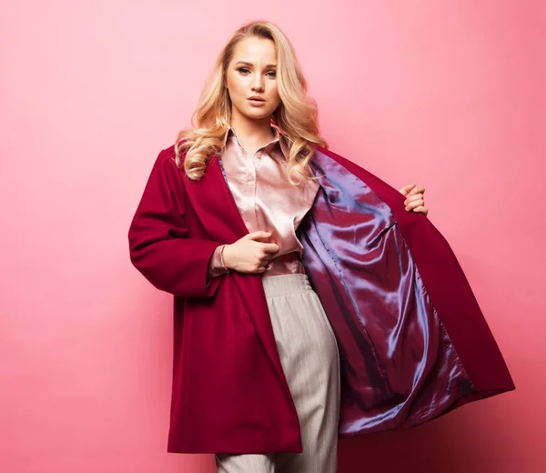 Young Elegant Woman Trendy Red Coat Isolated Studio Shot Pink — Stock Photo, Image