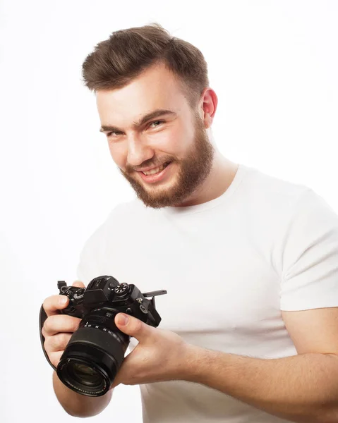 Young Bearded Photographer Looking Photos Camera Screen White Background — Stock Photo, Image