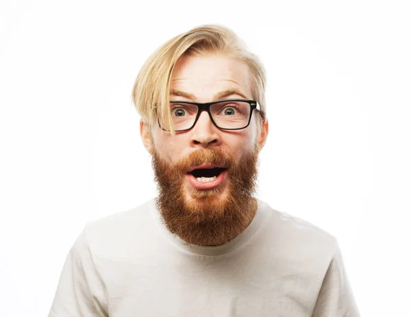 Joven Hombre Guapo Con Gafas Con Emociones Cara Fondo Blanco —  Fotos de Stock