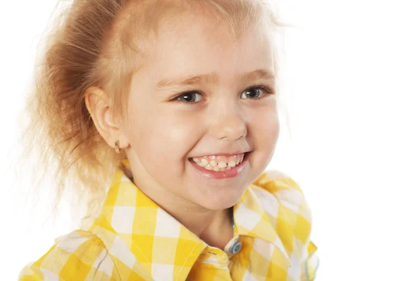 Linda Niña Riendo Sobre Fondo Blanco Infancia Feliz Primer Plano —  Fotos de Stock