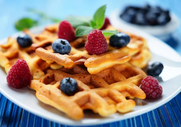Homemade Belgian Waffles Served Fresh Berries White Plate Wooden Background — Stock Photo, Image
