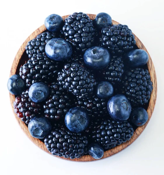 Healthy Eating Food Diet Concept Blackberries Blueberries Wooden Bowl White — Stock Photo, Image
