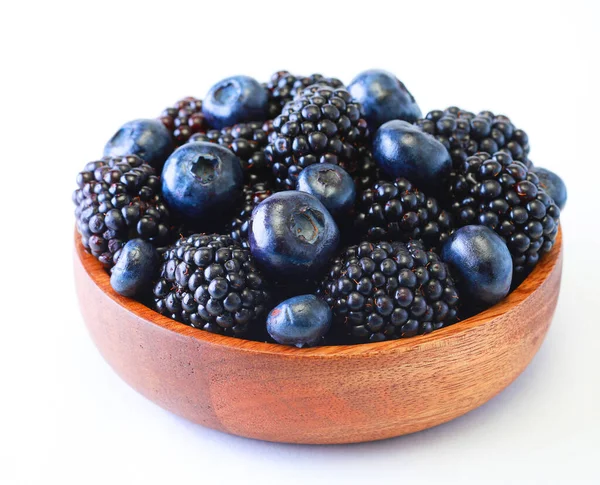 Healthy Eating Food Diet Concept Blackberries Blueberries Wooden Bowl White — Stock Photo, Image