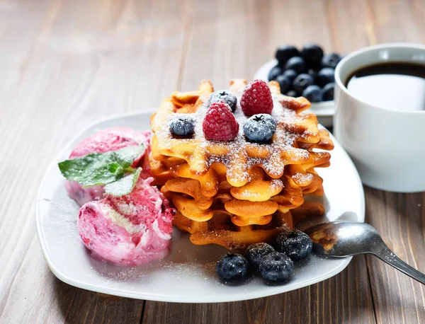 Belgian Waffles Fresh Berries Ice Cream Cup Coffee Wooden Background — Stock Photo, Image
