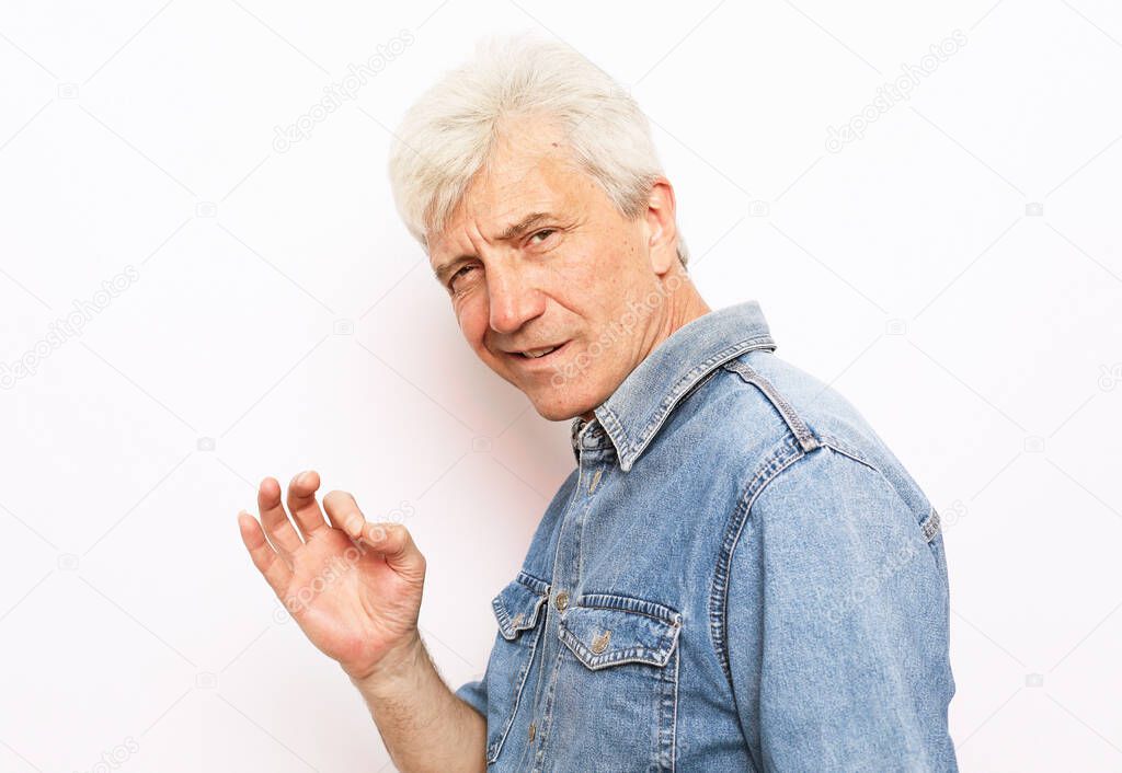 Closeup photo of amazing grey haired grandpa showing okey symbol express agreement wear denim shirt