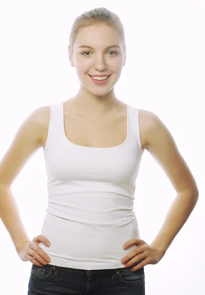 Mujer sonriente en camiseta blanca en blanco —  Fotos de Stock