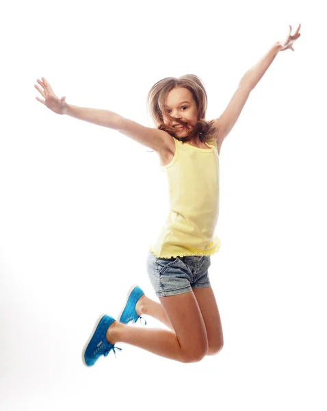 Girl jumps on a white background — Stock Photo, Image