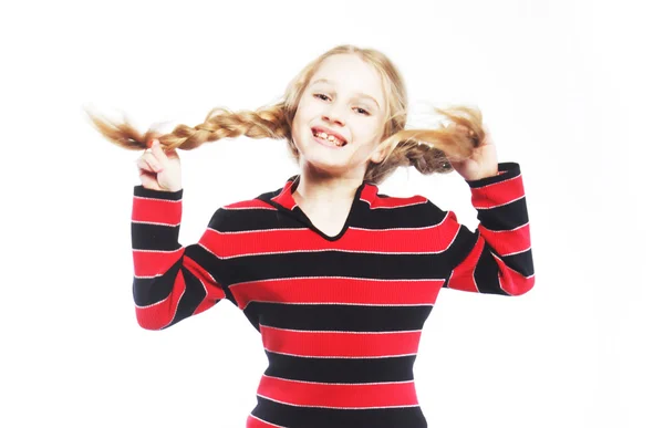 Menina salta em um fundo branco — Fotografia de Stock