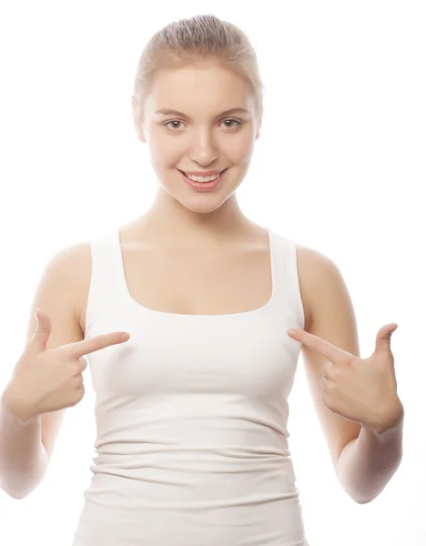 Jovem mulher em branco t-shirt — Fotografia de Stock