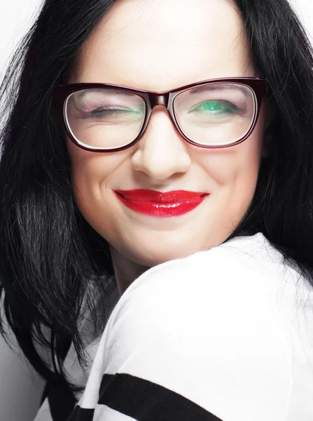 Young emotional  brunette woman wearing glasses — Stock Photo, Image