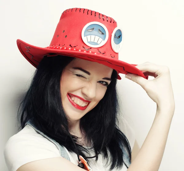 Retrato de moda Hipster Girl en Red Hat —  Fotos de Stock