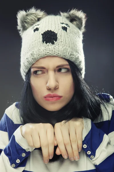 Young woman in funny winter hat — Stock Photo, Image