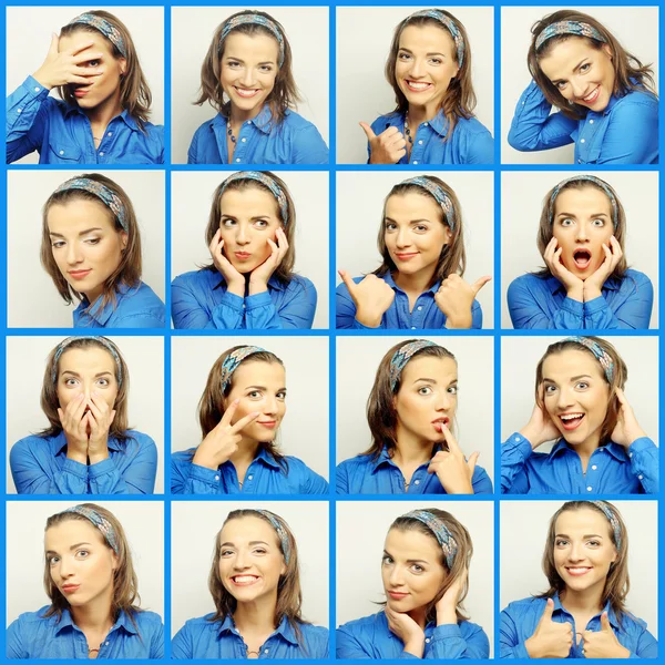 Collage di giovani espressioni viso donna — Foto Stock